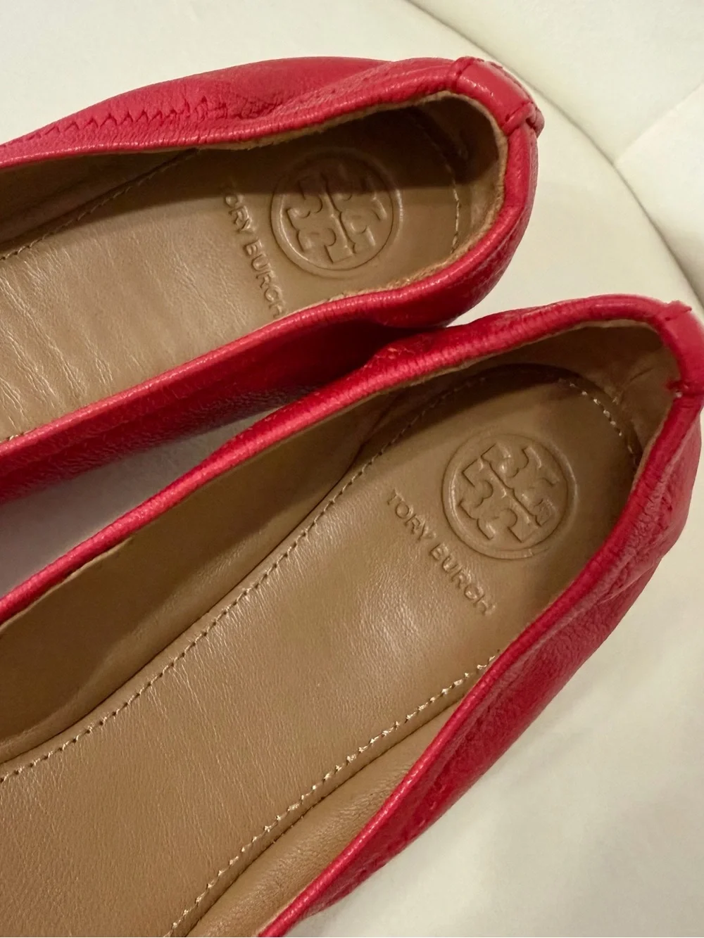 Tory Burch Red Leather Ballet Flats with Gold Logo